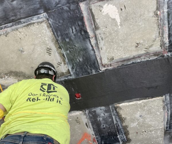 View looking up on a concrete ceiling repaired with carbon fiber composites